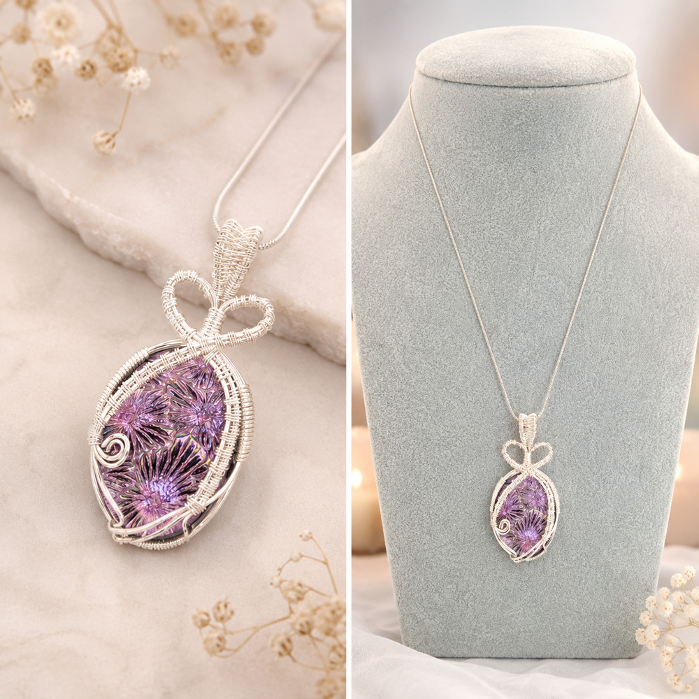 Artisan Purple Dichroic Glass 925 Pendant Necklace Scroll Fairycore Mermaidcore